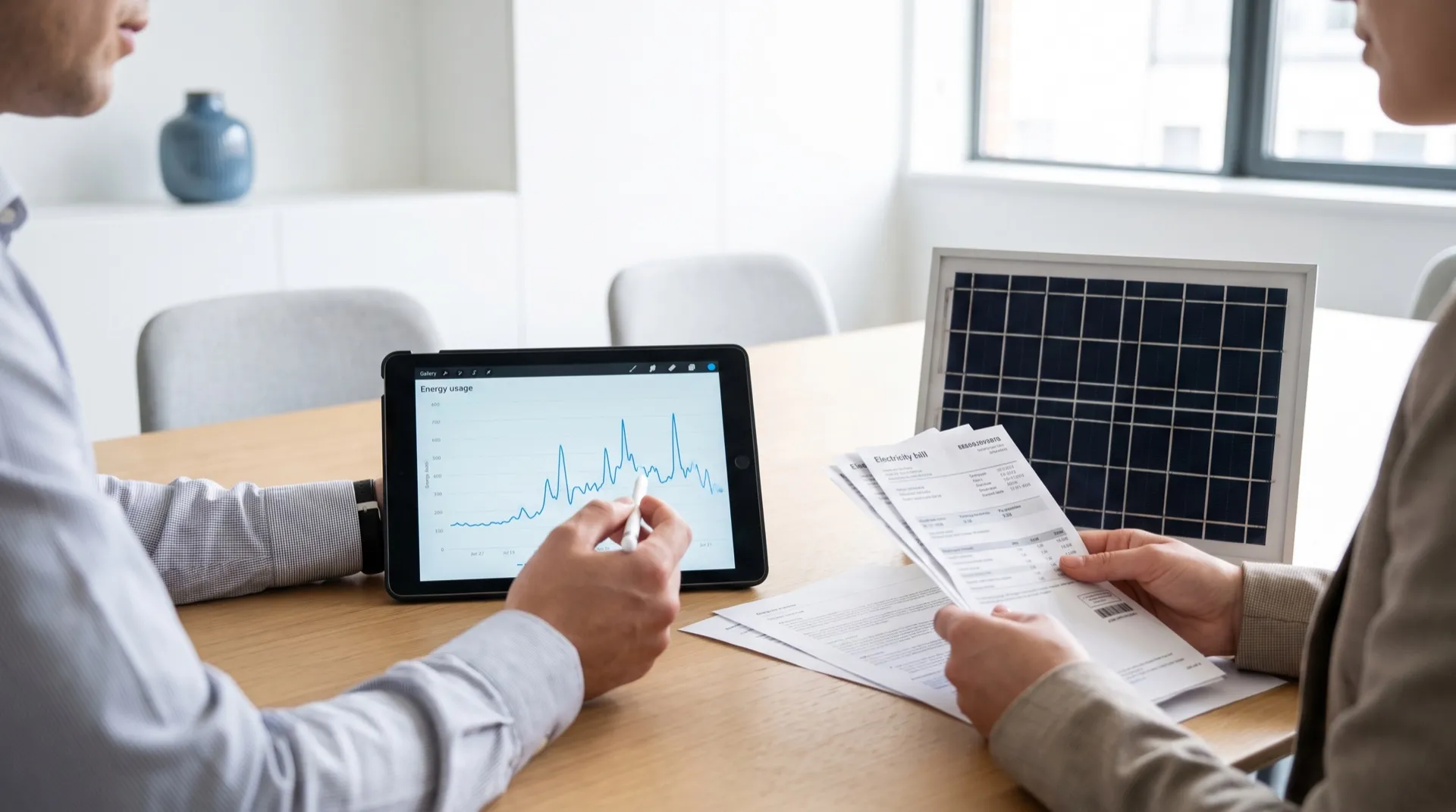 Energy consultant and client reviewing consumption data on a tablet (illustrative image)