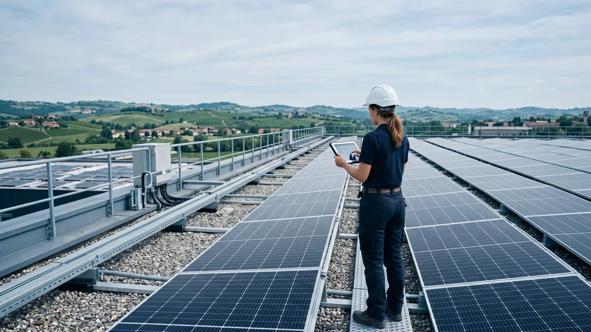 Technician with a tablet inspecting a solar system (illustrative image)