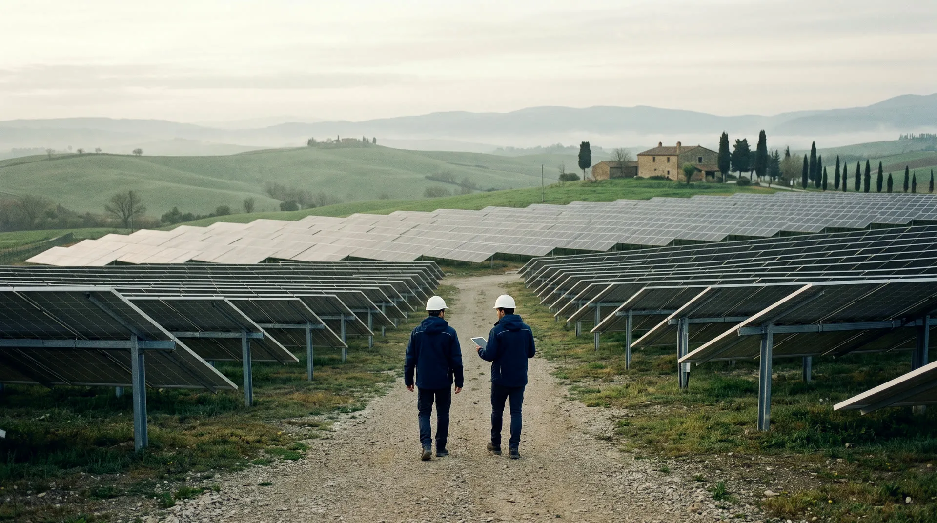 Technicians surveying the rows of a solar park (illustrative image)