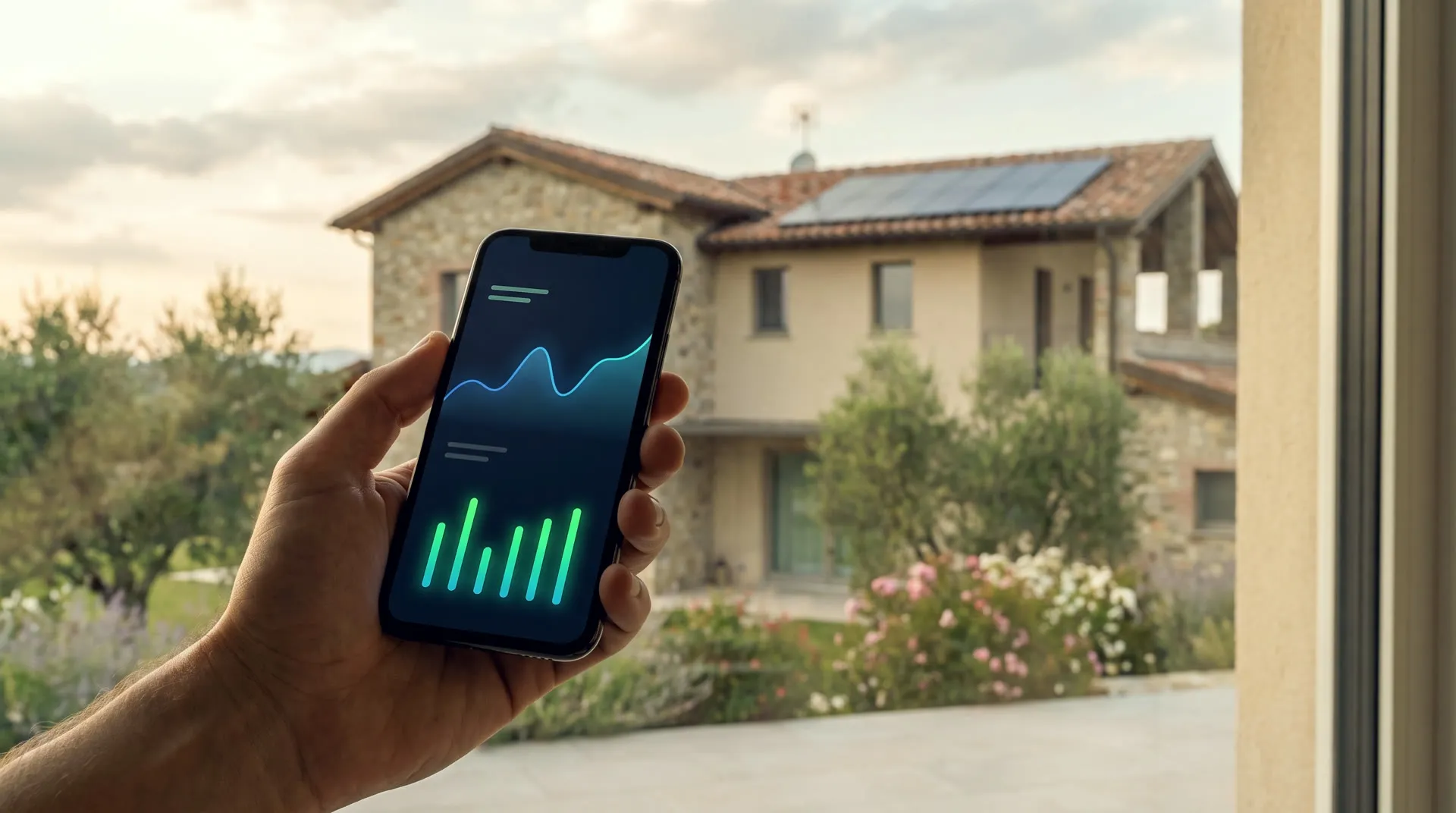 Consumi energetici controllati da smartphone, casa con fotovoltaico sullo sfondo (immagine illustrativa)