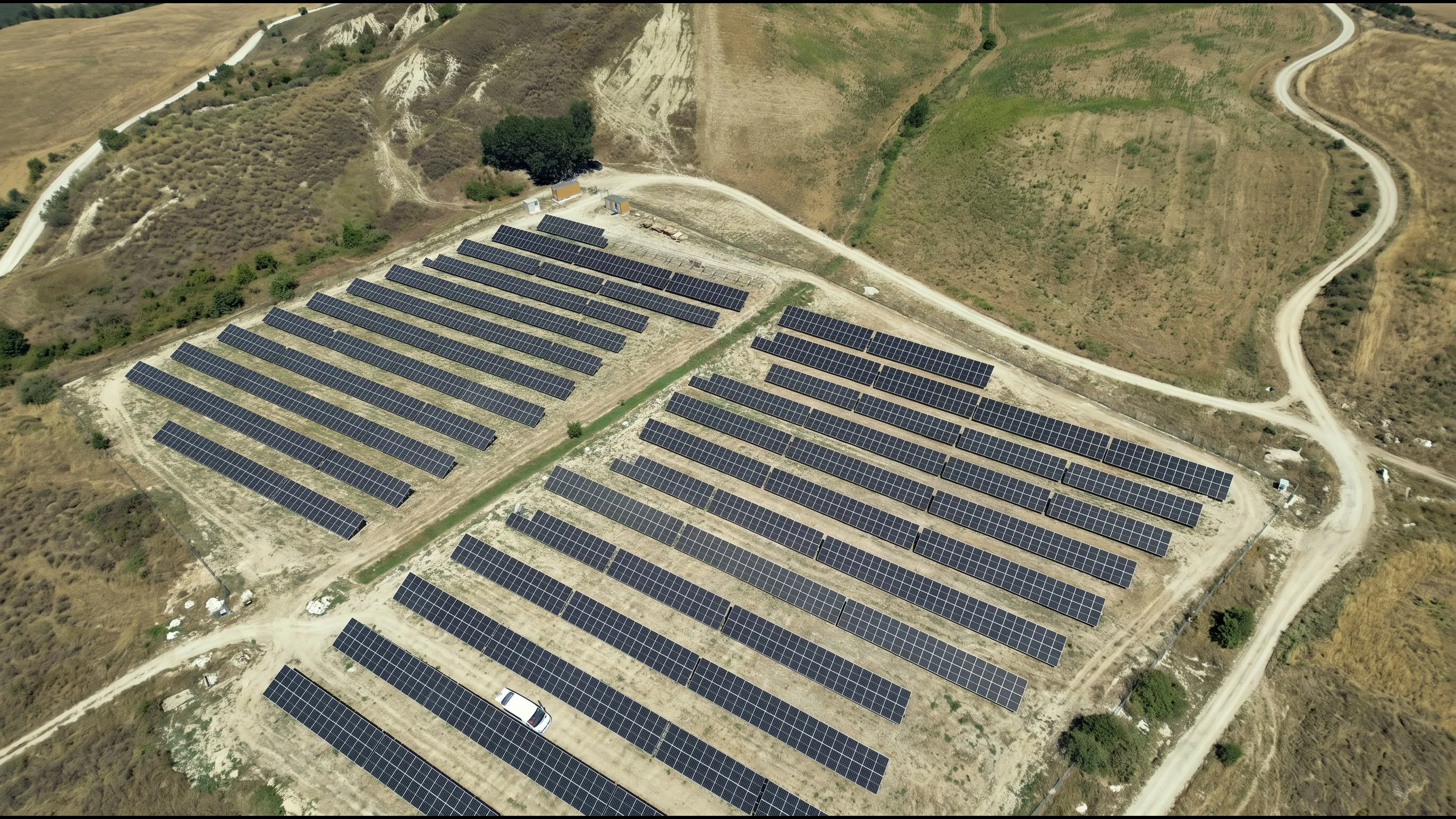 Ground-mounted solar farm built by New Energy, drone view