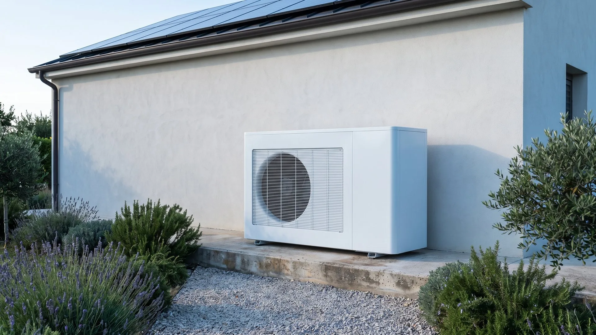 Air-to-water heat pump installed outside a home (illustrative image)
