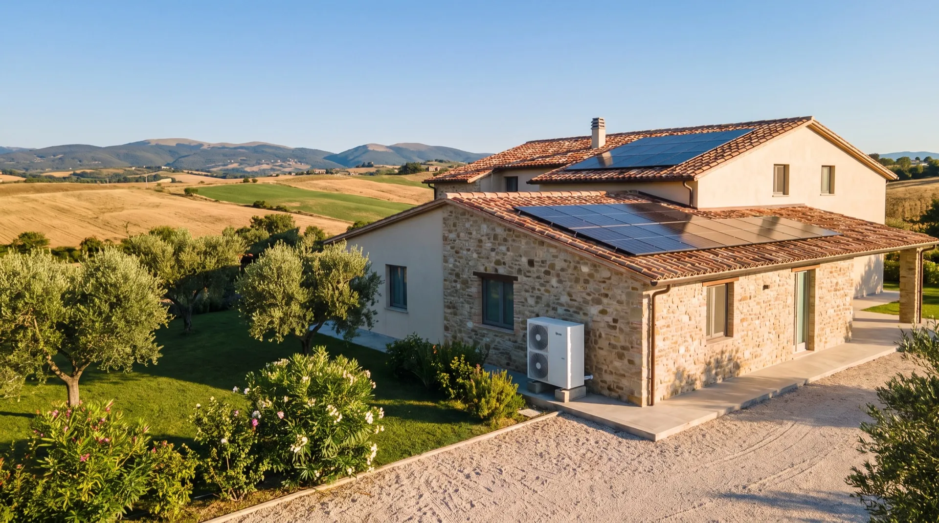 Country house with a rooftop solar system and an outdoor heat-pump unit (illustrative image)