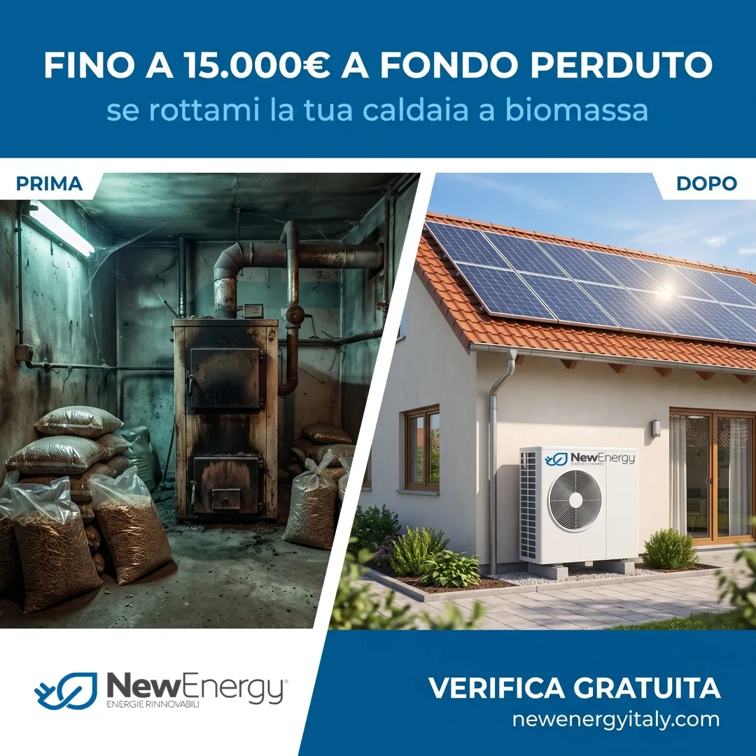New Energy campaign creative: before, a boiler room with a pellet stove; after, a house with solar PV and a heat pump (illustrative image)