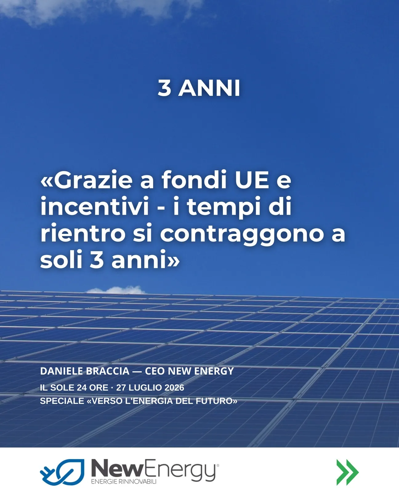Slide del carosello ufficiale Sole 24 Ore: 3 anni, il tempo di rientro dell’investimento grazie a fondi UE e incentivi