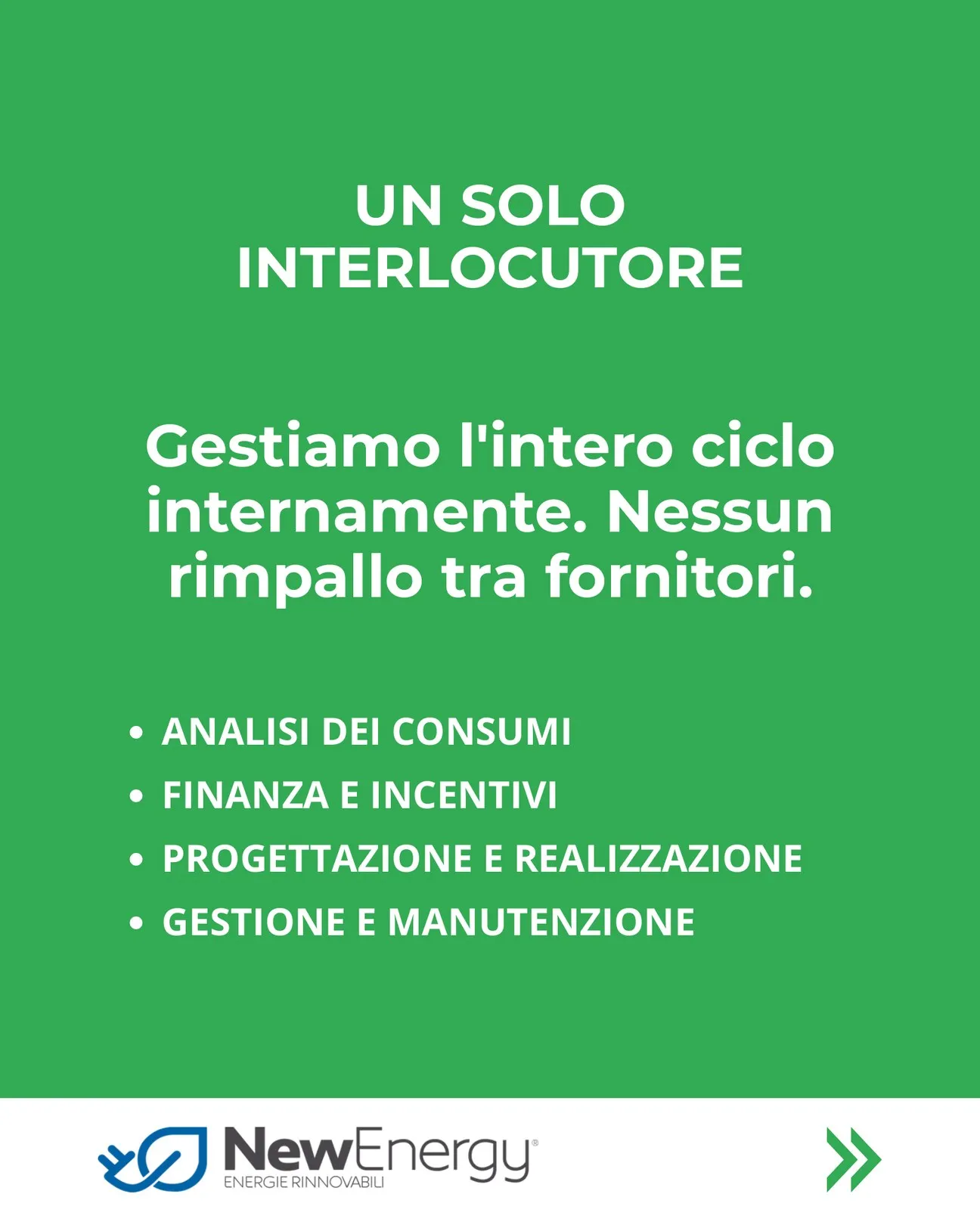 Slide del carosello ufficiale Sole 24 Ore: un solo interlocutore — analisi dei consumi, finanza e incentivi, progettazione e realizzazione, gestione e manutenzione