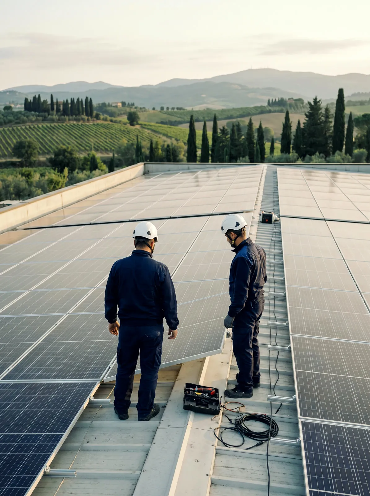 Technicians at work on an industrial solar system (illustrative image)