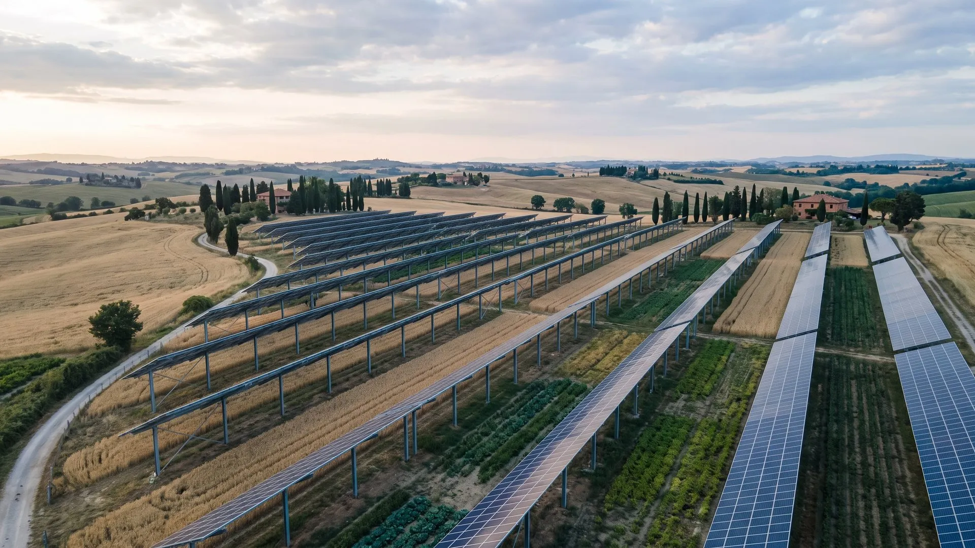 Agrivoltaic installation with crops under the panels (illustrative image)